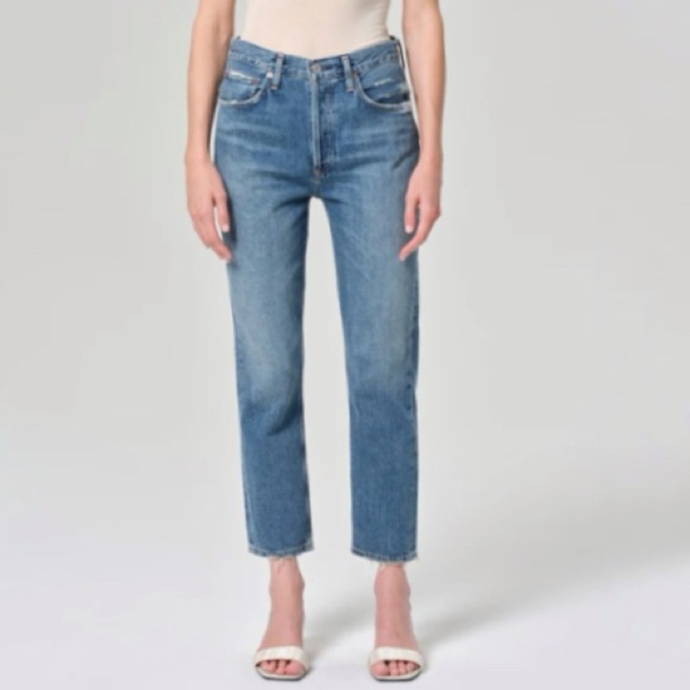 Agolde Riley High Rise Straight Leg Crop Jeans Size 26 Medium Wash Distressed